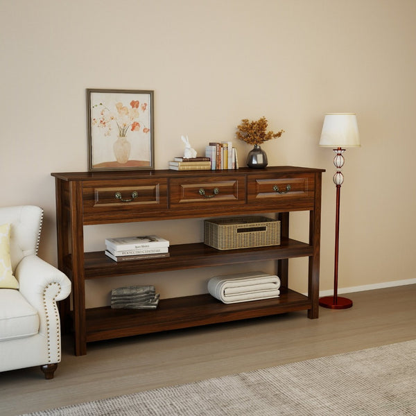 English Elm 63 Inch Walnut Grain Console Table Three Drawers Open Shelves Farmhouse Entryway W2557P448348
