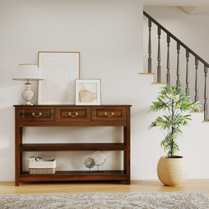 English Elm 63 Inch Walnut Grain Console Table Three Drawers Open Shelves Farmhouse Entryway W2557P448348