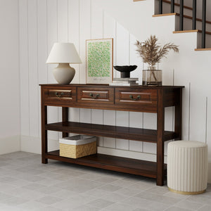 English Elm 63 Inch Walnut Grain Console Table Three Drawers Open Shelves Farmhouse Entryway W2557P448348