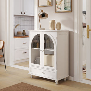 English Elm Arched Tempered Glass Farmhouse Buffet with Tiered Top and Drawer for Dining Rooms W2557P463777