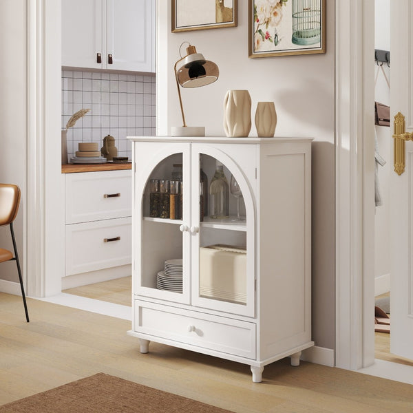 English Elm Arched Tempered Glass Farmhouse Buffet with Tiered Top and Drawer for Dining Rooms W2557P463777