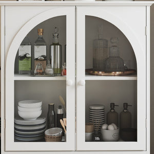 English Elm Arched Tempered Glass Farmhouse Buffet with Tiered Top and Drawer for Dining Rooms W2557P463777