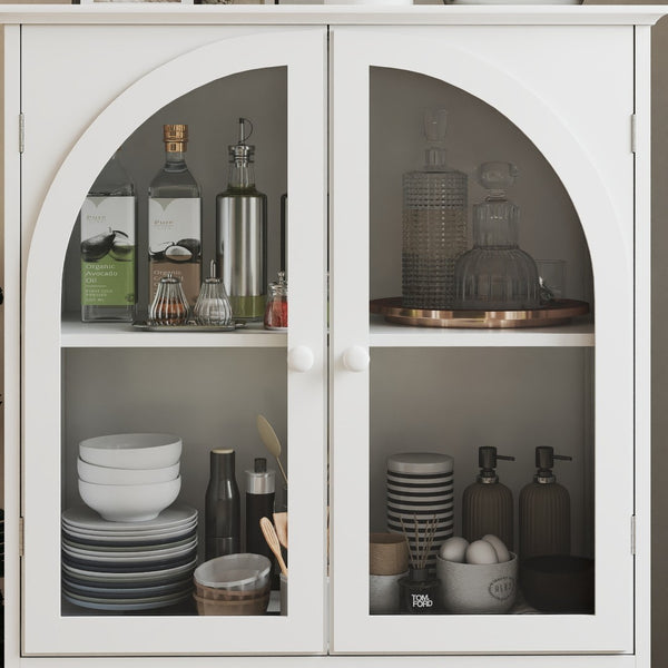 English Elm Arched Tempered Glass Farmhouse Buffet with Tiered Top and Drawer for Dining Rooms W2557P463777