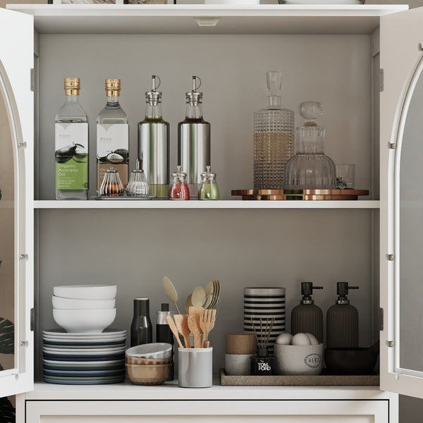 English Elm Arched Tempered Glass Farmhouse Buffet with Tiered Top and Drawer for Dining Rooms W2557P463777