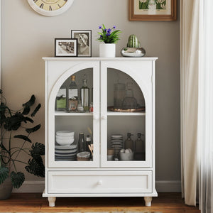 English Elm Arched Tempered Glass Farmhouse Buffet with Tiered Top and Drawer for Dining Rooms W2557P463777