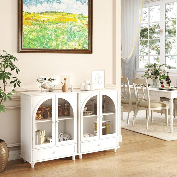 English Elm Arched Tempered Glass Farmhouse Buffet with Tiered Top and Drawer for Dining Rooms W2557P463777