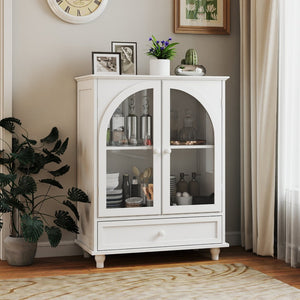 English Elm Arched Tempered Glass Farmhouse Buffet with Tiered Top and Drawer for Dining Rooms W2557P463777