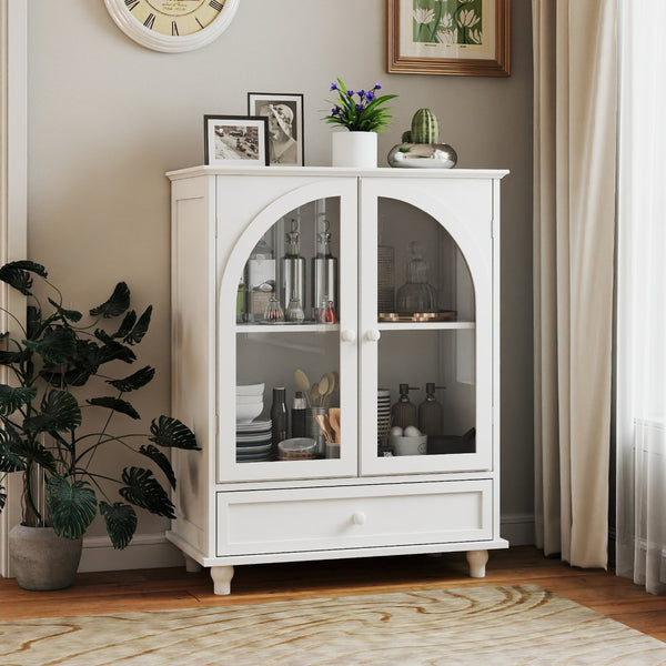 English Elm Arched Tempered Glass Farmhouse Buffet with Tiered Top and Drawer for Dining Rooms W2557P463777