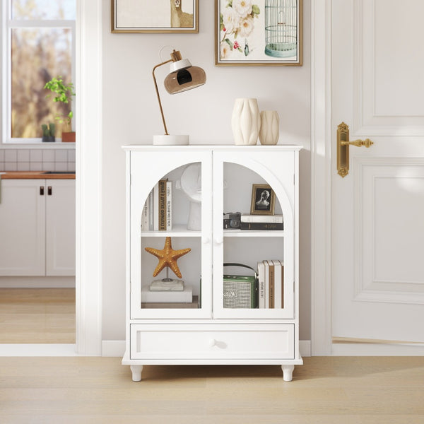 English Elm Arched Tempered Glass Farmhouse Buffet with Tiered Top and Drawer for Dining Rooms W2557P463777