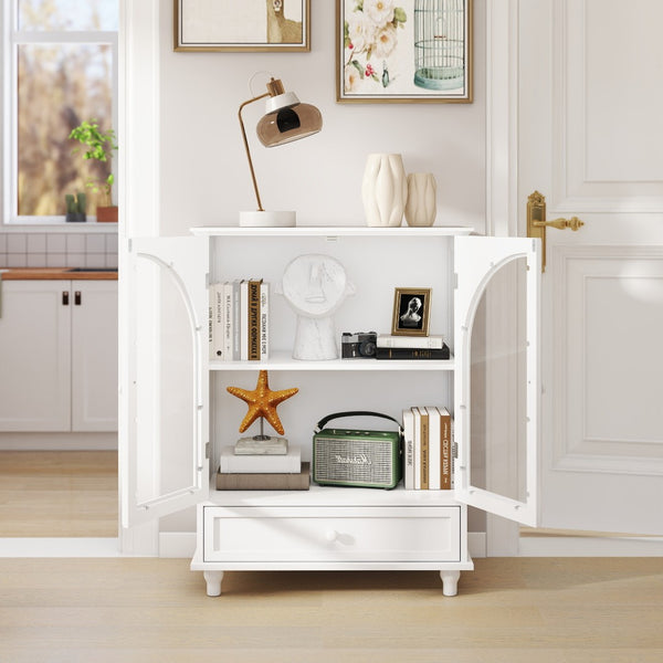 English Elm Arched Tempered Glass Farmhouse Buffet with Tiered Top and Drawer for Dining Rooms W2557P463777