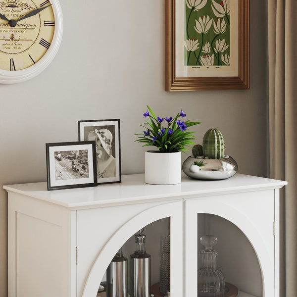 English Elm Arched Tempered Glass Farmhouse Buffet with Tiered Top and Drawer for Dining Rooms W2557P463777