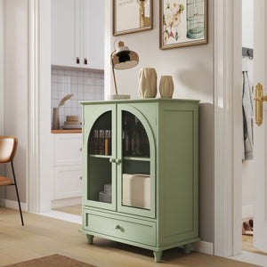 English Elm Farmhouse Sage Green Sideboard with Arched Glass Doors Tiered Top and Drawer Storage W2557P463778