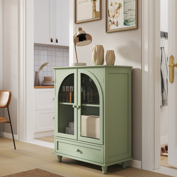 English Elm Farmhouse Sage Green Sideboard with Arched Glass Doors Tiered Top and Drawer Storage W2557P463778