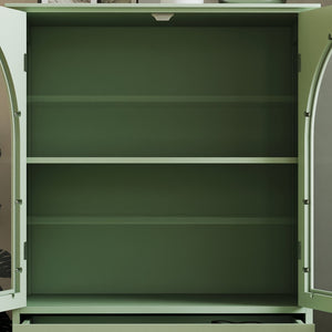 English Elm Farmhouse Sage Green Sideboard with Arched Glass Doors Tiered Top and Drawer Storage W2557P463778