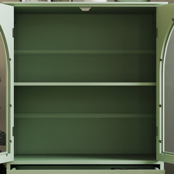 English Elm Farmhouse Sage Green Sideboard with Arched Glass Doors Tiered Top and Drawer Storage W2557P463778