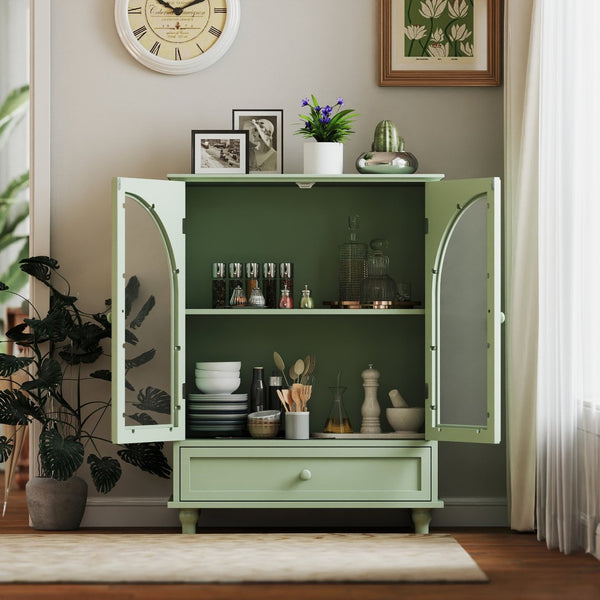 English Elm Farmhouse Sage Green Sideboard with Arched Glass Doors Tiered Top and Drawer Storage W2557P463778