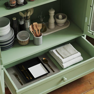 English Elm Farmhouse Sage Green Sideboard with Arched Glass Doors Tiered Top and Drawer Storage W2557P463778