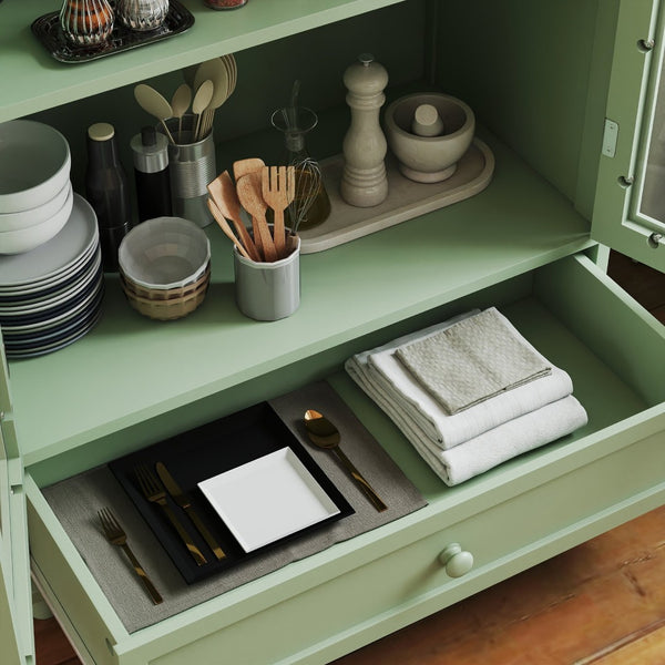 English Elm Farmhouse Sage Green Sideboard with Arched Glass Doors Tiered Top and Drawer Storage W2557P463778