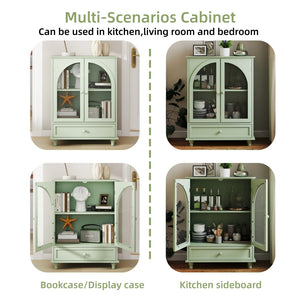 English Elm Farmhouse Sage Green Sideboard with Arched Glass Doors Tiered Top and Drawer Storage W2557P463778