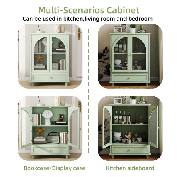 English Elm Farmhouse Sage Green Sideboard with Arched Glass Doors Tiered Top and Drawer Storage W2557P463778