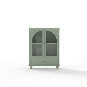 English Elm Farmhouse Sage Green Sideboard with Arched Glass Doors Tiered Top and Drawer Storage W2557P463778