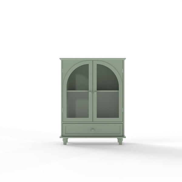 English Elm Farmhouse Sage Green Sideboard with Arched Glass Doors Tiered Top and Drawer Storage W2557P463778