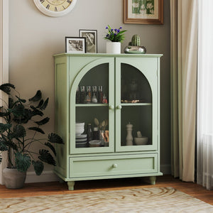 English Elm Farmhouse Sage Green Sideboard with Arched Glass Doors Tiered Top and Drawer Storage W2557P463778