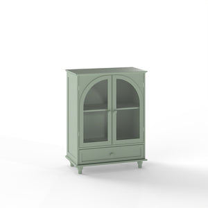 English Elm Farmhouse Sage Green Sideboard with Arched Glass Doors Tiered Top and Drawer Storage W2557P463778
