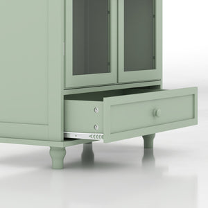 English Elm Farmhouse Sage Green Sideboard with Arched Glass Doors Tiered Top and Drawer Storage W2557P463778