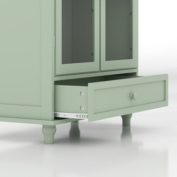 English Elm Farmhouse Sage Green Sideboard with Arched Glass Doors Tiered Top and Drawer Storage W2557P463778