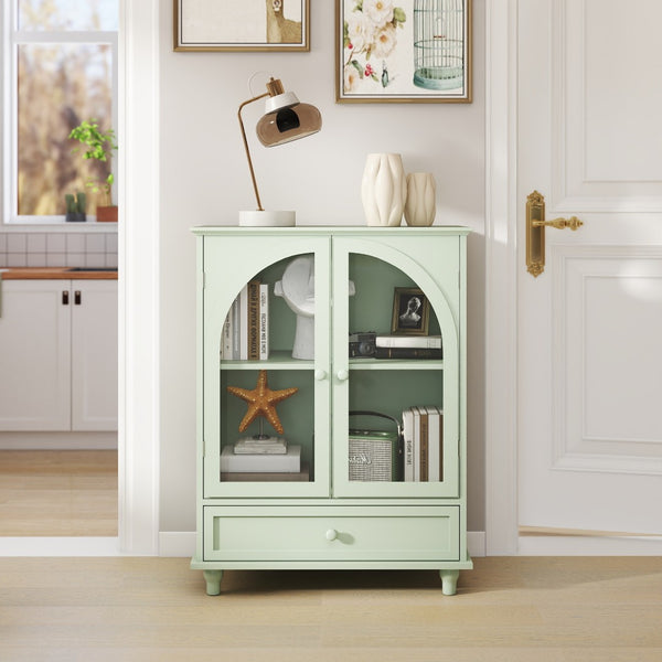 English Elm Farmhouse Sage Green Sideboard with Arched Glass Doors Tiered Top and Drawer Storage W2557P463778