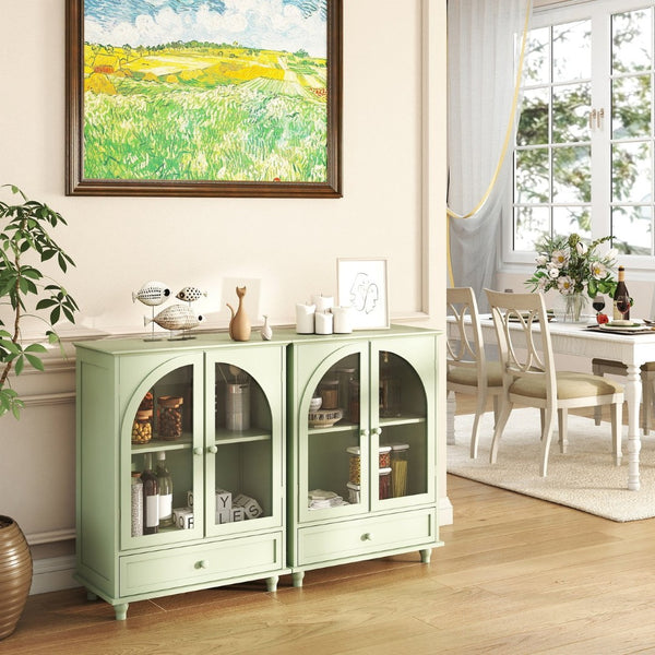 English Elm Farmhouse Sage Green Sideboard with Arched Glass Doors Tiered Top and Drawer Storage W2557P463778