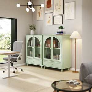 English Elm Farmhouse Sage Green Sideboard with Arched Glass Doors Tiered Top and Drawer Storage W2557P463778