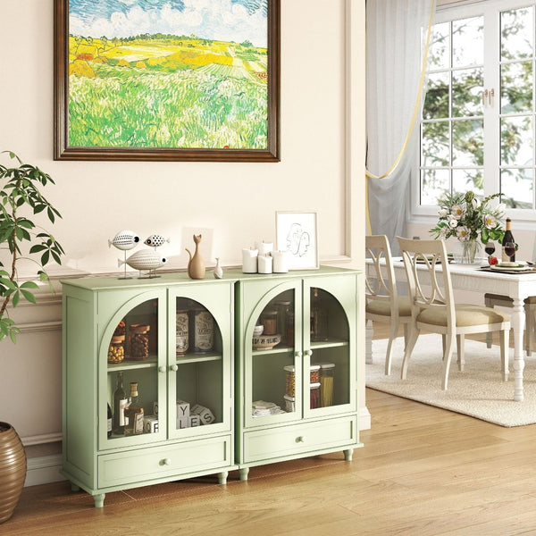 English Elm Farmhouse Sage Green Sideboard with Arched Glass Doors Tiered Top and Drawer Storage W2557P463778