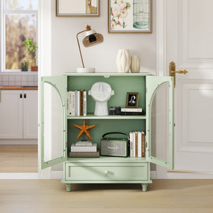 English Elm Farmhouse Sage Green Sideboard with Arched Glass Doors Tiered Top and Drawer Storage W2557P463778