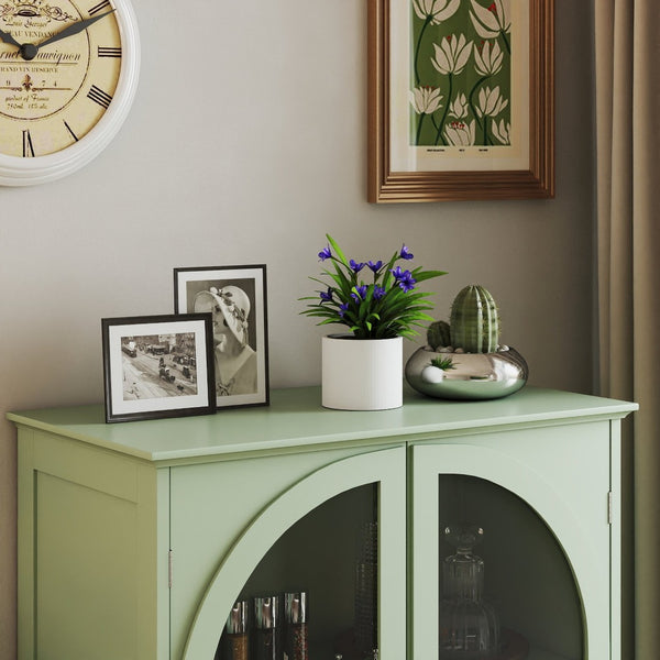 English Elm Farmhouse Sage Green Sideboard with Arched Glass Doors Tiered Top and Drawer Storage W2557P463778