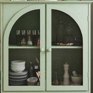 English Elm Farmhouse Sage Green Sideboard with Arched Glass Doors Tiered Top and Drawer Storage W2557P463778