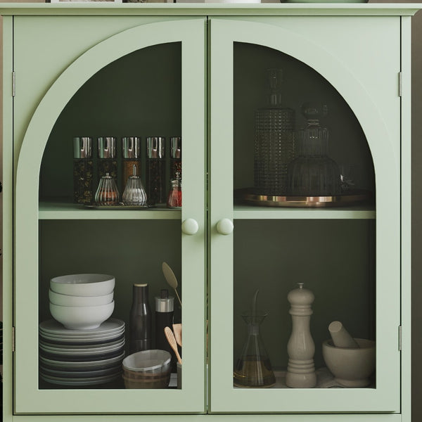 English Elm Farmhouse Sage Green Sideboard with Arched Glass Doors Tiered Top and Drawer Storage W2557P463778