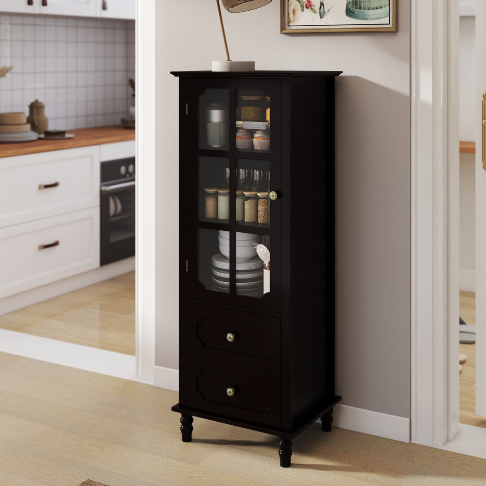 English Elm Black Narrow Farmhouse Cabinet Tempered Glass Door Brass Hardware Adjustable Shelving W2557P465809