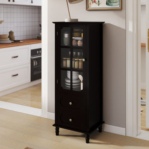 English Elm Black Narrow Farmhouse Cabinet Tempered Glass Door Brass Hardware Adjustable Shelving W2557P465809