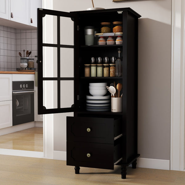 English Elm Black Narrow Farmhouse Cabinet Tempered Glass Door Brass Hardware Adjustable Shelving W2557P465809