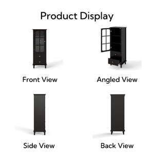 English Elm Black Narrow Farmhouse Cabinet Tempered Glass Door Brass Hardware Adjustable Shelving W2557P465809