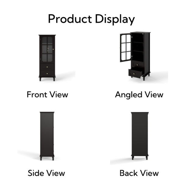 English Elm Black Narrow Farmhouse Cabinet Tempered Glass Door Brass Hardware Adjustable Shelving W2557P465809