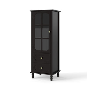 English Elm Black Narrow Farmhouse Cabinet Tempered Glass Door Brass Hardware Adjustable Shelving W2557P465809