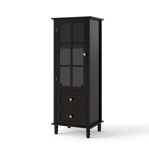 English Elm Black Narrow Farmhouse Cabinet Tempered Glass Door Brass Hardware Adjustable Shelving W2557P465809