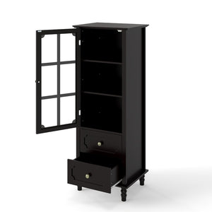 English Elm Black Narrow Farmhouse Cabinet Tempered Glass Door Brass Hardware Adjustable Shelving W2557P465809