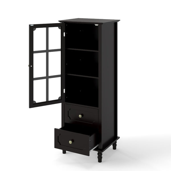 English Elm Black Narrow Farmhouse Cabinet Tempered Glass Door Brass Hardware Adjustable Shelving W2557P465809