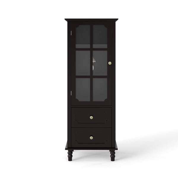 English Elm Black Narrow Farmhouse Cabinet Tempered Glass Door Brass Hardware Adjustable Shelving W2557P465809