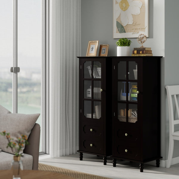 English Elm Black Narrow Farmhouse Cabinet Tempered Glass Door Brass Hardware Adjustable Shelving W2557P465809