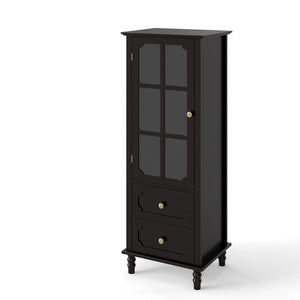 English Elm Black Narrow Farmhouse Cabinet Tempered Glass Door Brass Hardware Adjustable Shelving W2557P465809